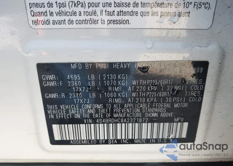 2010 Subaru Outback 3.6R Premium z USA, uszkodzony, nr VIN 4S4BRDHC8A2321872